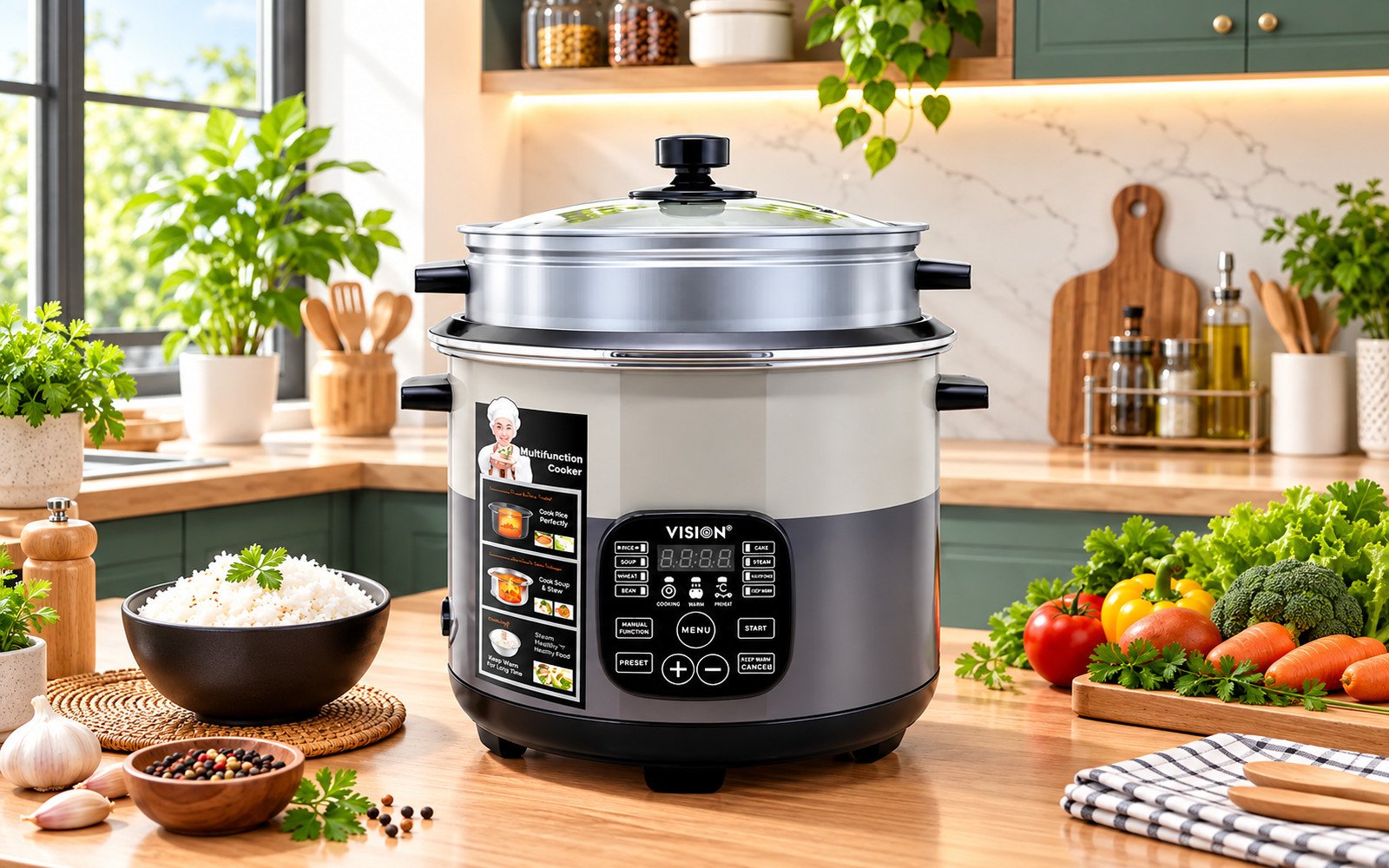 VISION Multi Cooker -3.0 Liter 1100W Stainless Still Smart Cooker Thermal Safety Fuse- Double Pot