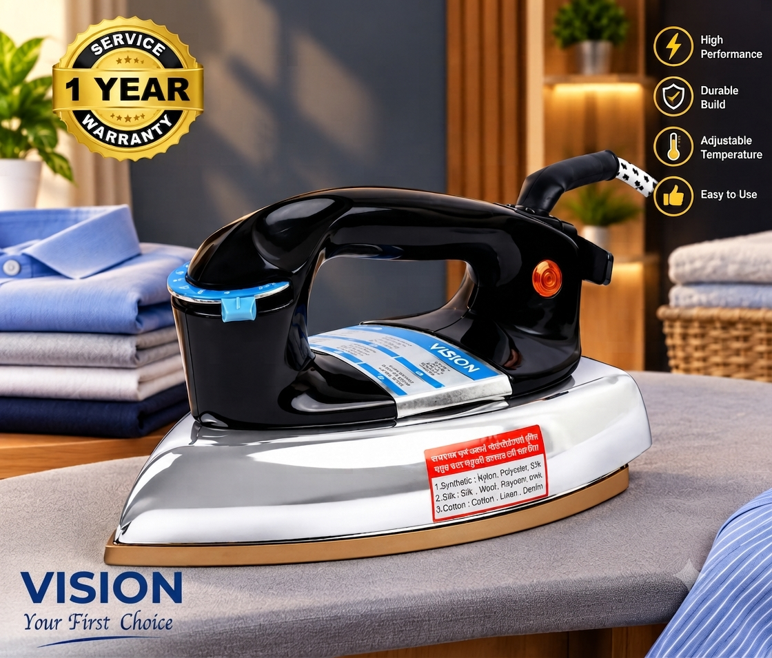 VISION Heavy Electric Iron 1000W with High Quality Body Material and Shock and Burn Proof  VIS-DEI-013